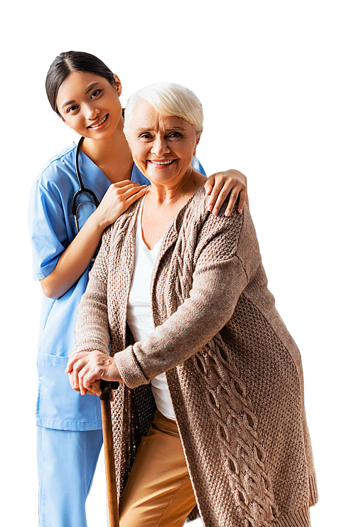 caregiver with senior man in wheelchair
